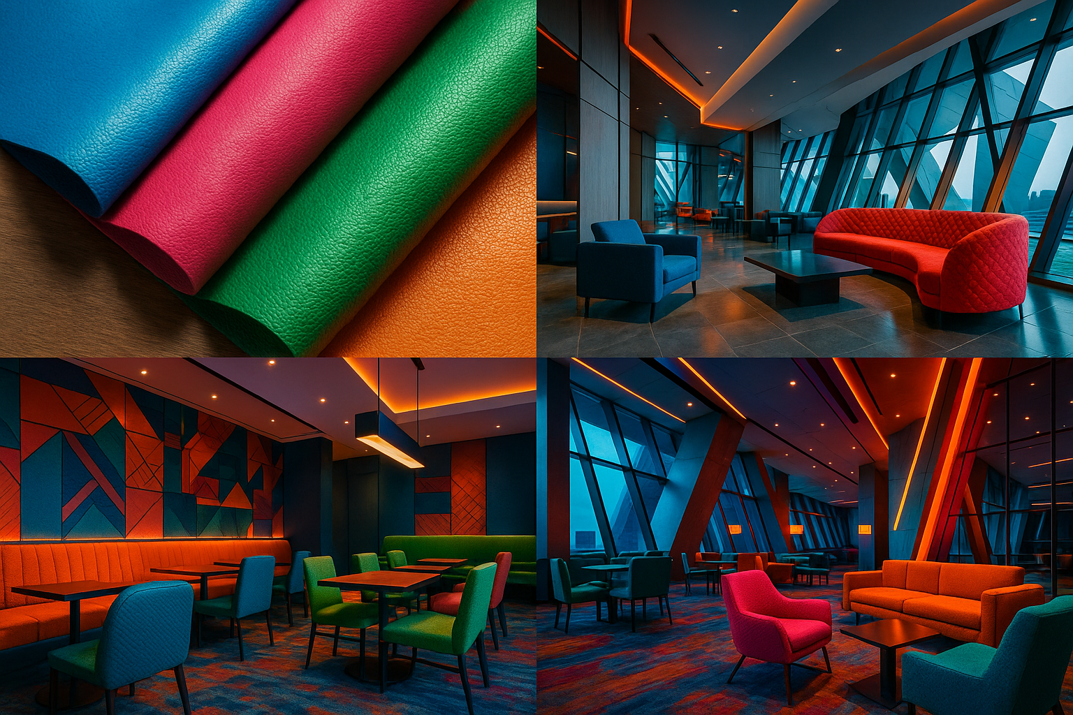 quita las letras de bali y vuelve a reformular esta vez dando un salto hacia colores vivos y sitios y estruyctras modernas con tapizados de colores vibrantes 